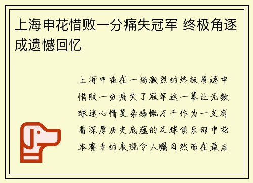 上海申花惜败一分痛失冠军 终极角逐成遗憾回忆